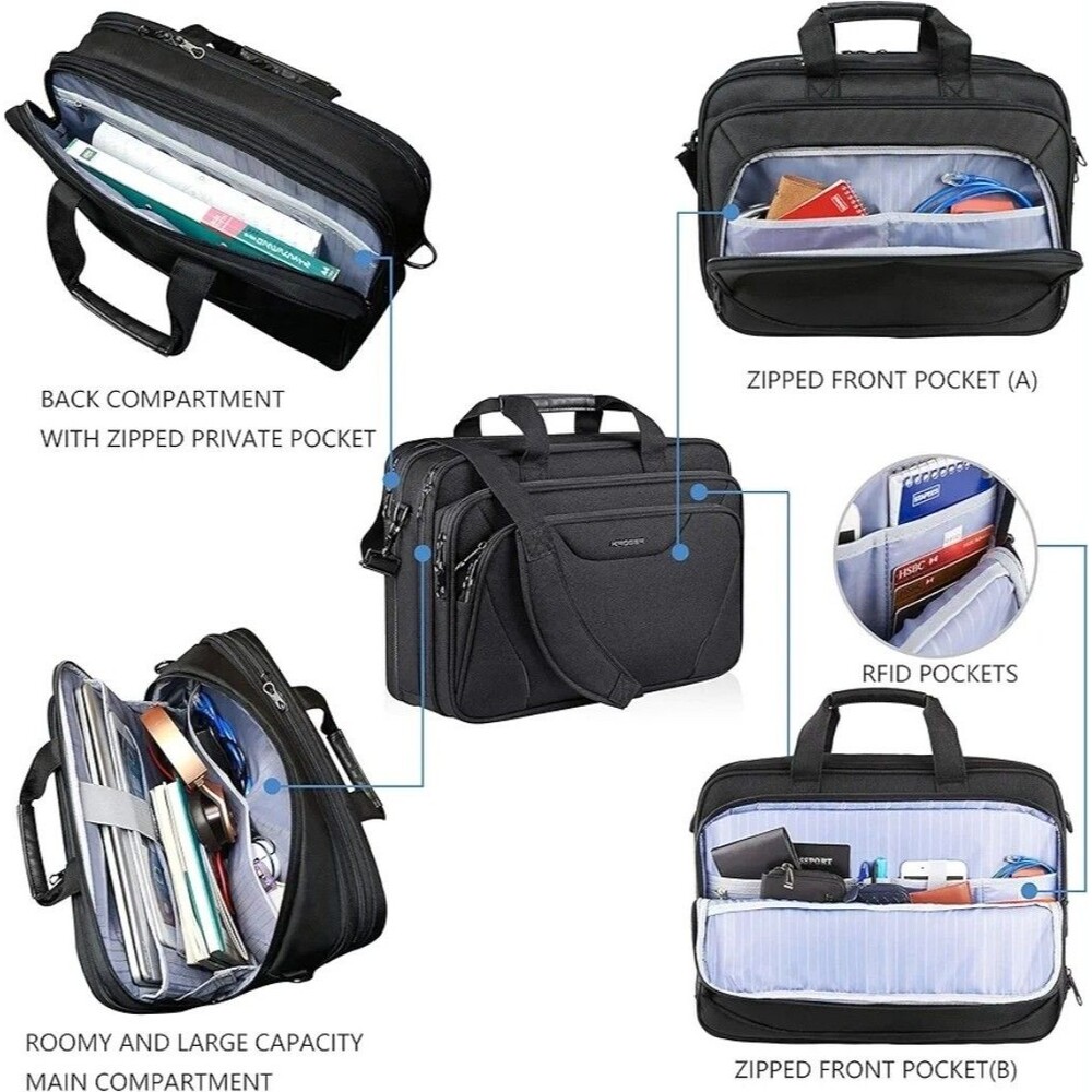 KROSER 18" Laptop Bag Expandable Laptop Briefcase RFID NEW ALL BLACK BAGS BIN - Picture 4 of 12